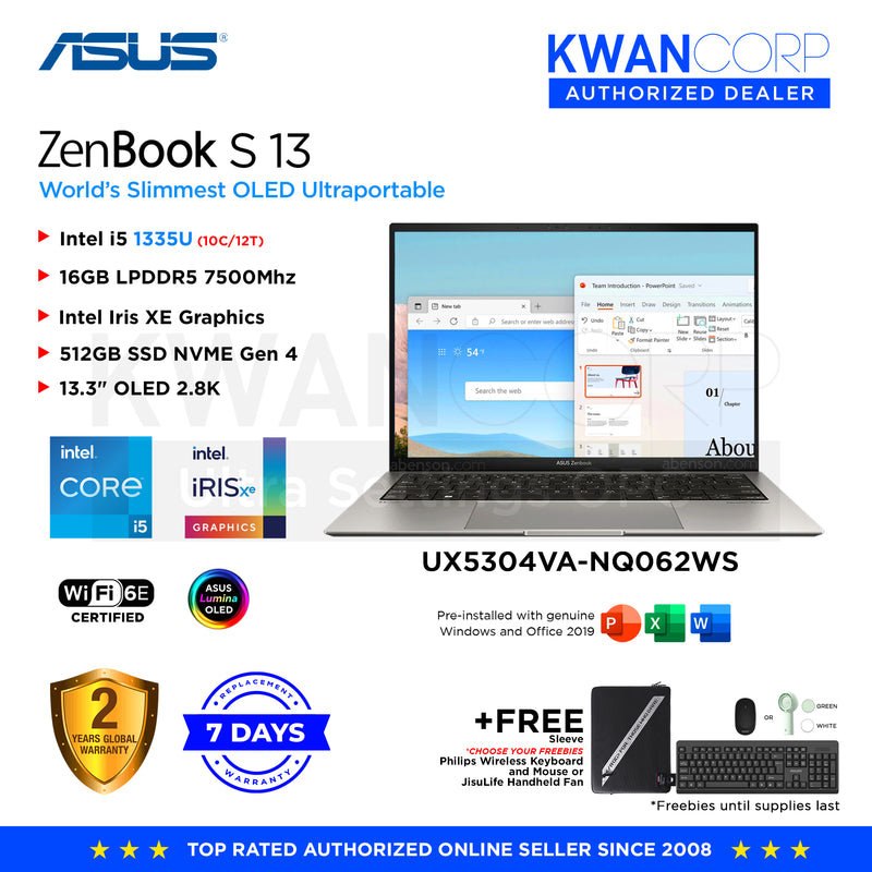 Asus Zenbook S 13. UX5304VA-NQ062WS Intel i5 1335U 16GB RAM Intel Iris XE Graphics 512GB SSD 13.3" OLED 2.8K Windows 11 Premium Laptop