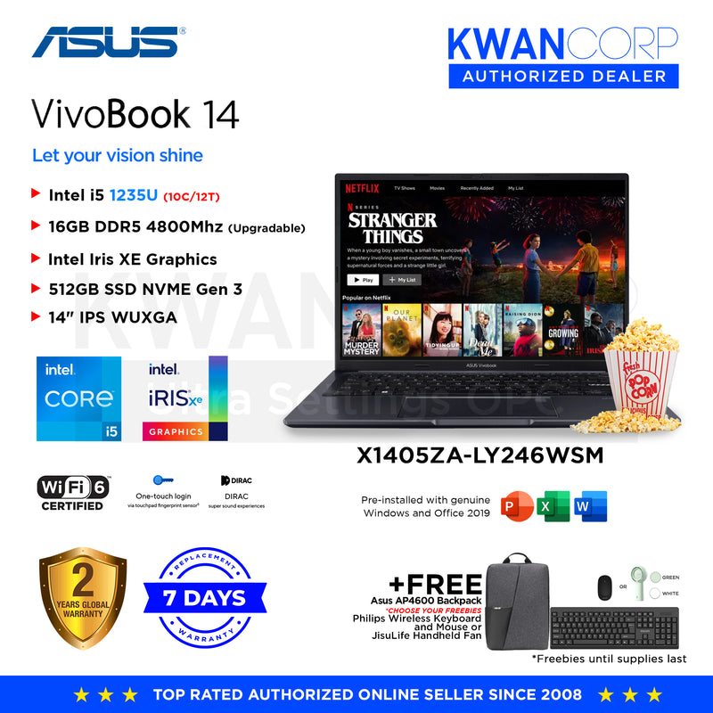 Asus Vivobook 14 X1405ZA-LY246WSM Intel i5 1235U 16GB RAM Intel Iris XE Graphics 512GB SSD 14" IPS WUXGA Windows 11 Mainstream Laptop