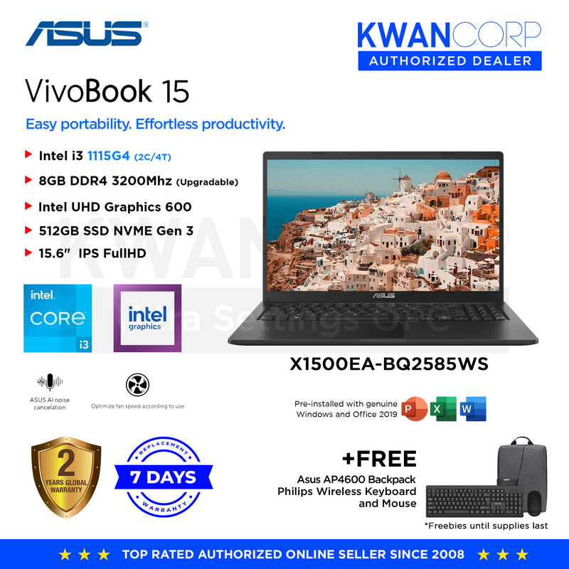 Asus Vivobook 15 X1500EA-BQ2585WS Intel i3 11th Gen 8GB RAM Intel UHD Graphics 512GB SSD 15.6" IPS FHD Windows 11 Laptop