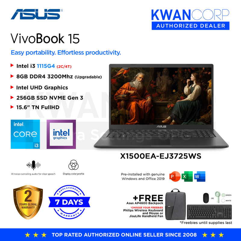 Asus VivoBook X1500EA-EJ3725WS Intel Core i3 8GB RAM 256GB SSD 15.6" FHD Backlit KB Windows 11 Laptop