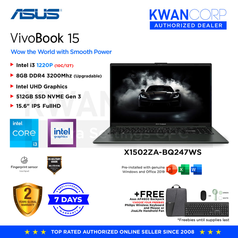 Asus Vivobook 15 X1502ZA-BQ247WS Intel i3 1220P 8GB RAM Intel UHD Graphics 512GB SSD Gen 3 15.6" IPS FHD Mainstream Laptop