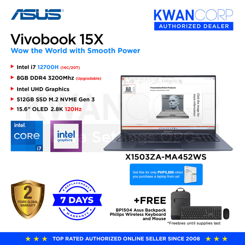 Asus Vivobook 15X X1503ZA-MA452WS Intel i7 12700H 8GB RAM Intel UHD Graphics 512GB SSD Gen 3 15.6" OLED 2.8K reso Mainstream Laptop