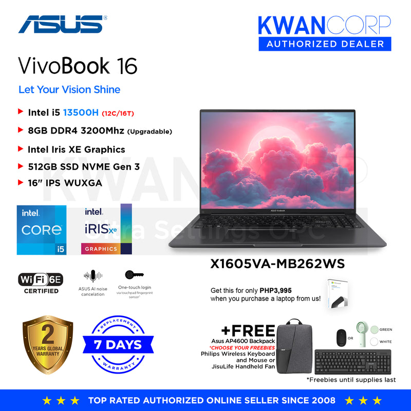 Asus Vivobook 16. X1605VA-MB262WS Intel i5 13500H 8GB RAM Intel Iris XE Graphics 512GB SSD 16" IPS WUXGA Windows 11 Mainstream Laptop