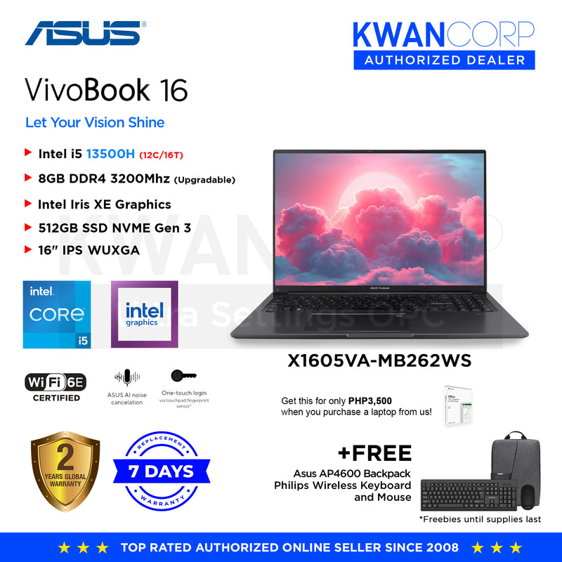 Asus Vivobook 16. X1605VA-MB262WS Intel i5 13500H 8GB RAM Intel Iris XE Graphics 512GB SSD 16" IPS WUXGA Windows 11 Mainstream Laptop