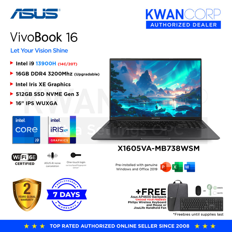 Asus Vivobook 16. X1605VA-MB738WSM Intel i9 13900H 16GB RAM Intel Iris XE Graphics 512GB SSD 16" IPS WUXGA 1920x1200  Mainstream Laptop