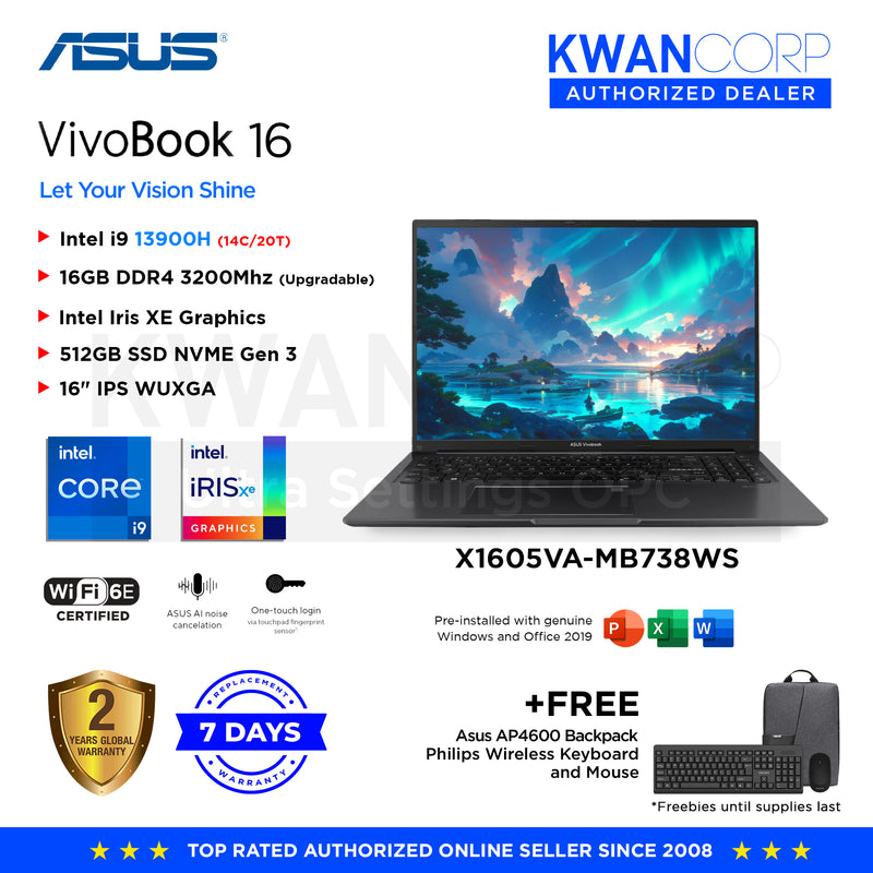 Asus Vivobook 16. X1605VA-MB738WS Intel i9 13900H 16GB RAM Intel Iris XE Graphics 512GB SSD 16" IPS WUXGA Windows 11 Mainstream Laptop