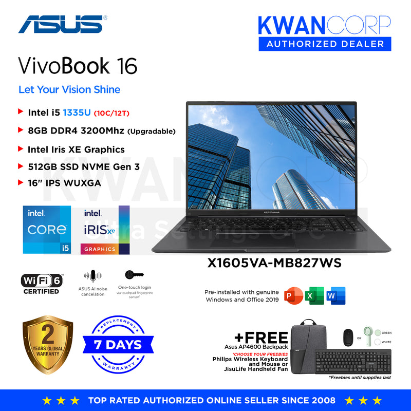 Asus Vivobook 16. X1605VA-MB827WS Intel i5 1335U 8GB RAM Intel Iris XE Graphics 512GB SSD 16" IPS WUXGA Windows 11 Mainstream Laptop