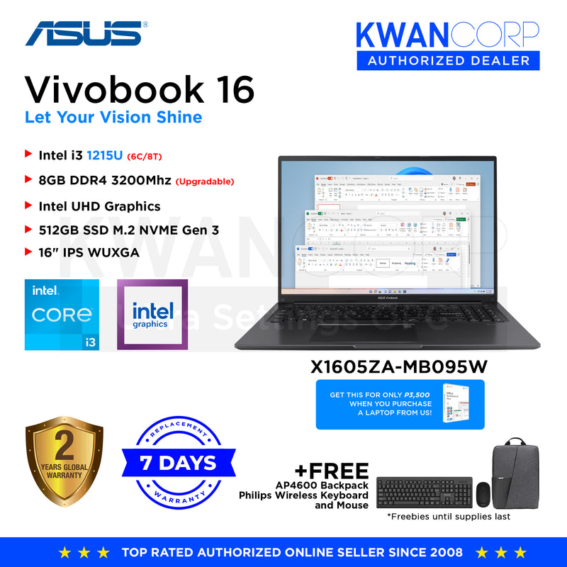 Asus Vivobook 16 X1605ZA-MB095W Intel i3 1215U 8GB RAM Intel UHD Graphics 512GB SSD 16" IPS WUXGA Mainstream Laptop