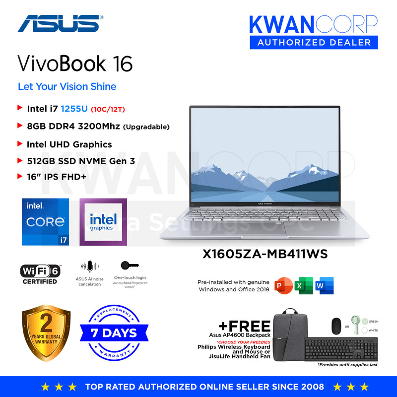 Asus Vivobook 16 X1605ZA-MB411WS Intel i7 1255U 8GB RAM Intel UHD Graphics 512GB SSD 16" IPS FHD+ Mainstream Laptop