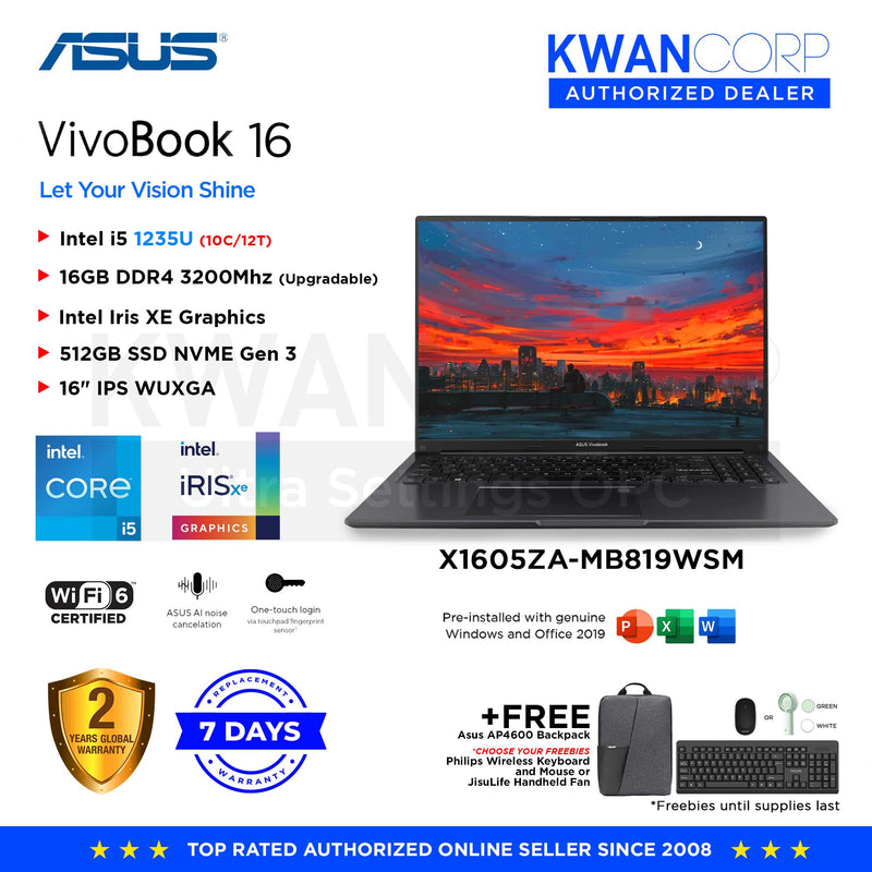 Asus Vivobook 16. X1605ZA-MB819WSM Intel i5 1235U 16GB RAM Intel Iris XE Graphics 512GB SSD 16" IPS WUXGA Windows 11 Mainstream Laptop