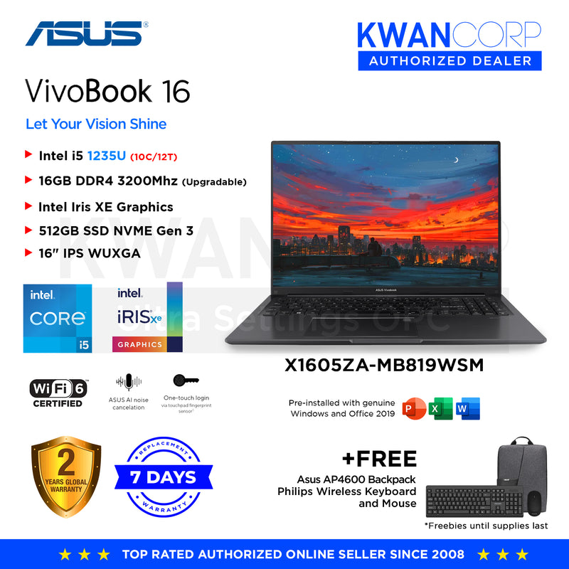 Asus Vivobook 16. X1605ZA-MB819WSM Intel i5 1235U 16GB RAM Intel Iris XE Graphics 512GB SSD 16" IPS WUXGA Windows 11 Mainstream Laptop