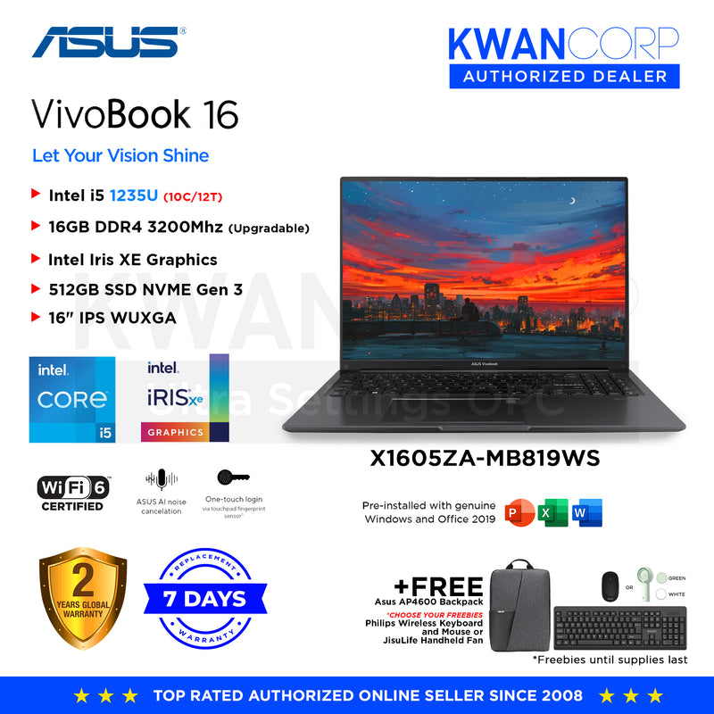 Asus Vivobook 16. X1605ZA-MB819WS Intel i5 1235U 16GB RAM Intel Iris XE Graphics 512GB SSD 16" IPS WUXGA Windows 11 Mainstream Laptop